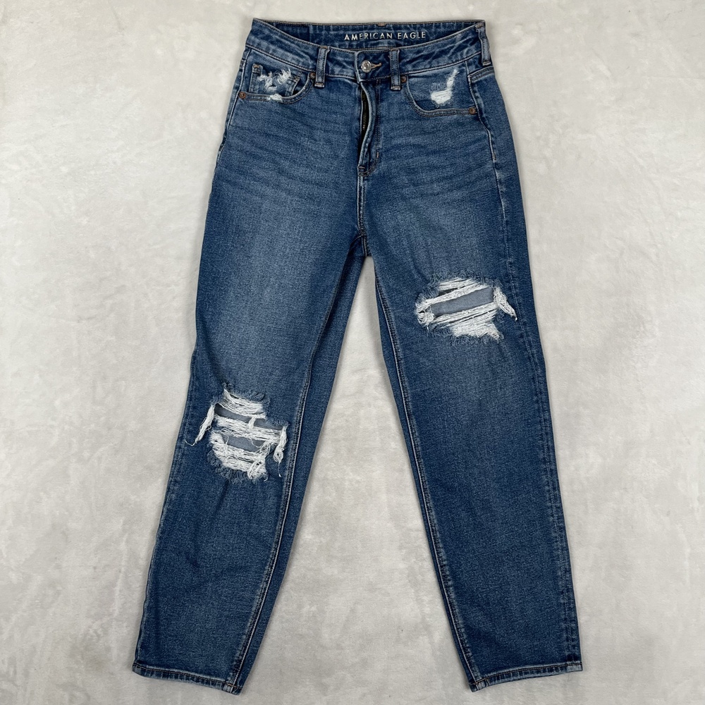 American Eagle Mom Straight Jeans Womens 4 Blue Medium Wash Distressed Denim